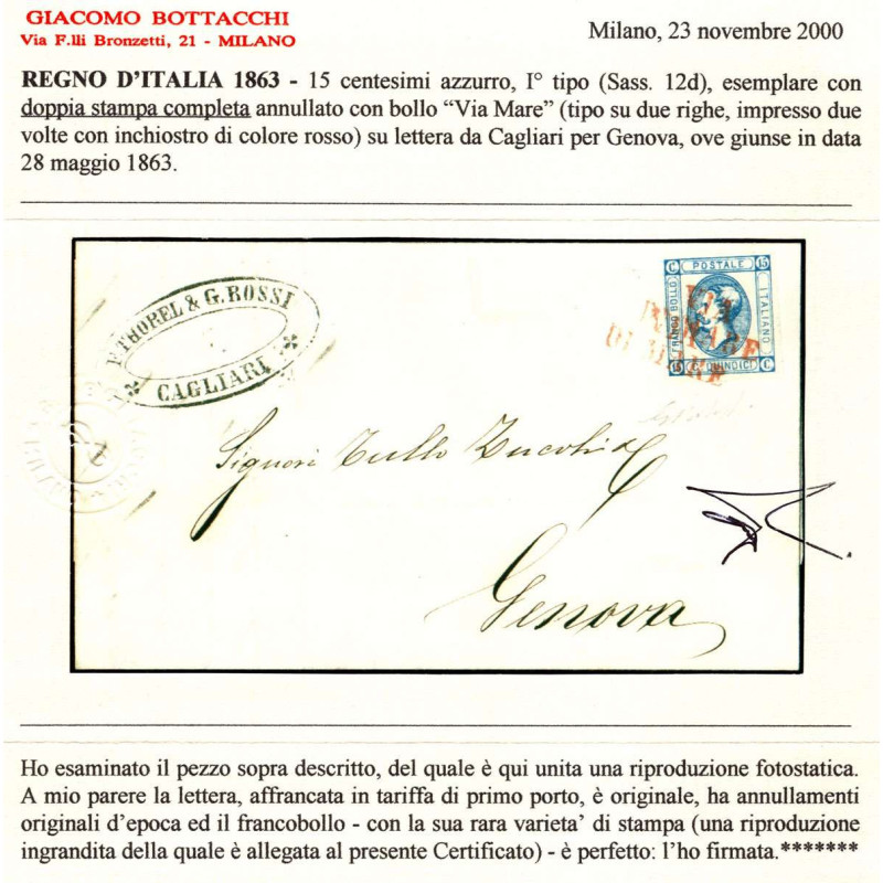 1863 REGNO 15 c. AZZURRO I TIPO DOPPIA STAMPA COMPLETA n.12d SU BUS...