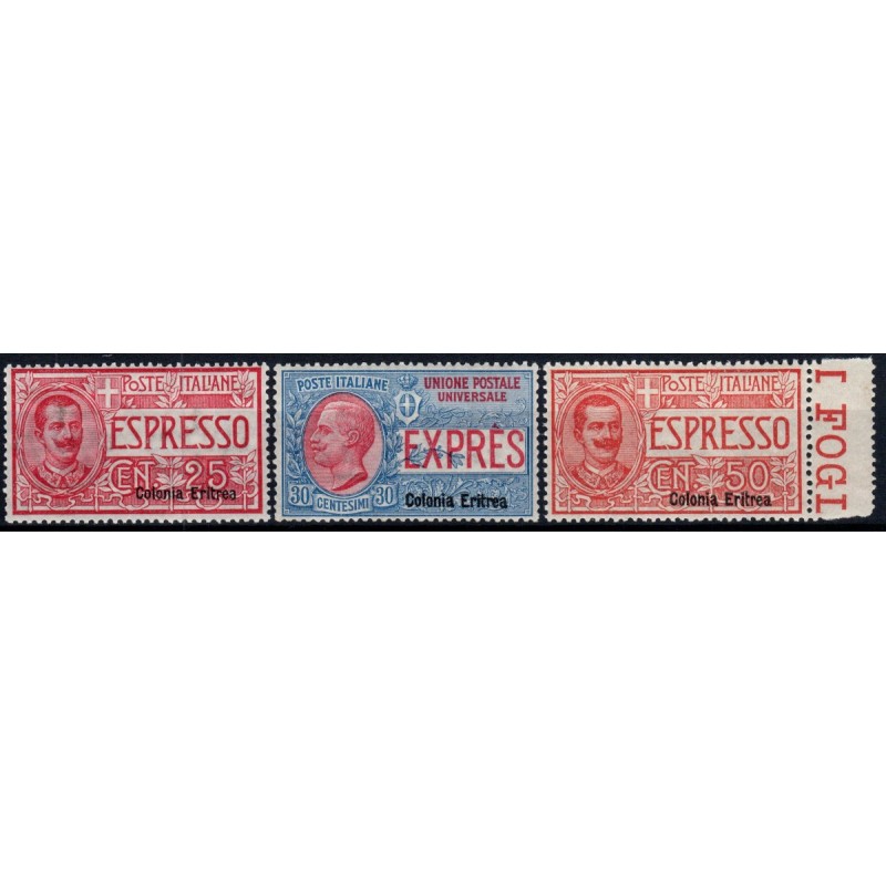 COLONIE 1907-21 ERITREA ESPRESSI SOPR. 3 VAL. S.50 G.I MNH** CERT. ...