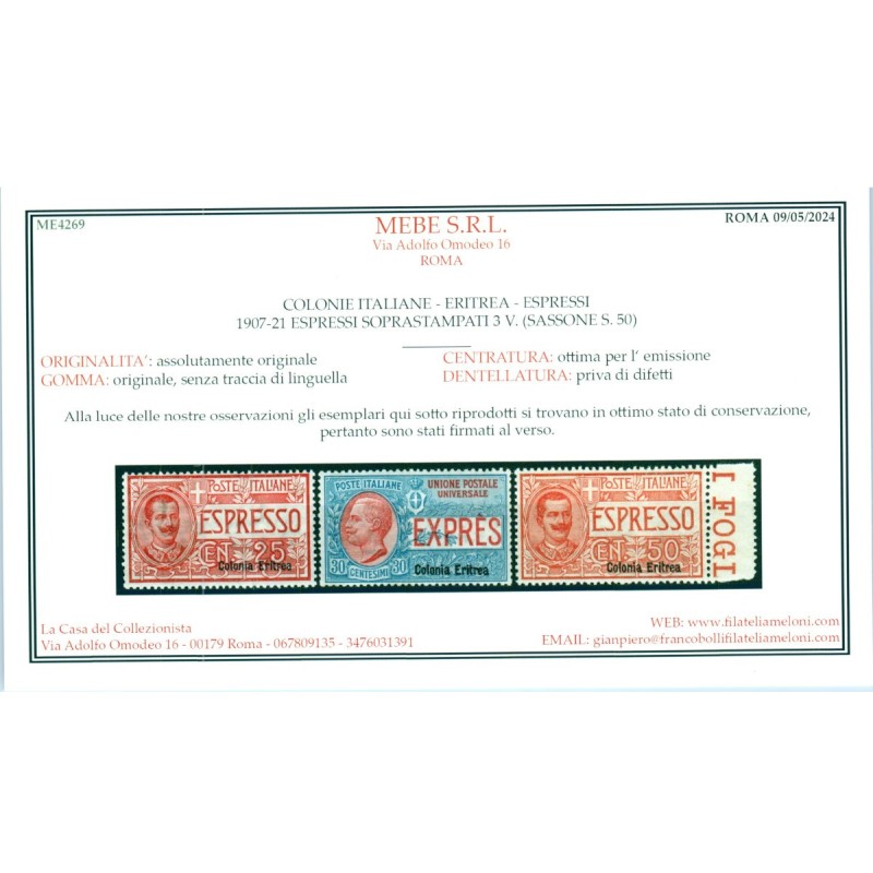 COLONIE 1907-21 ERITREA ESPRESSI SOPR. 3 VAL. S.50 G.I MNH** CERT. ...