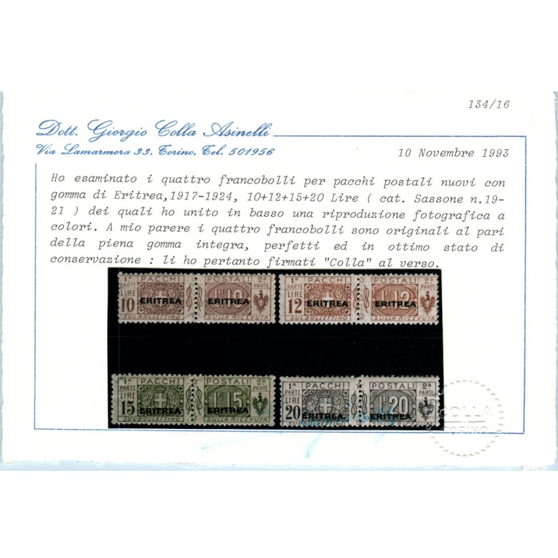 COLONIE 1917-24 ERITREA PACCHI POSTALI 13 VALORI S.55 G.I MNH** CER...