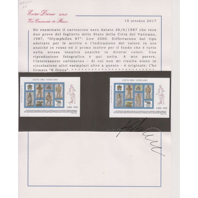 VATICANO 1987 2 PROVE DEL FOGLIETTO OLYMPHILEX 87  | Filatelia Meloni