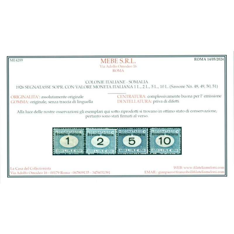 COLONIE 1926 SOMALIA SEGNATASSE SOPR. CON VALORE IN MONETA S.67 G.I...