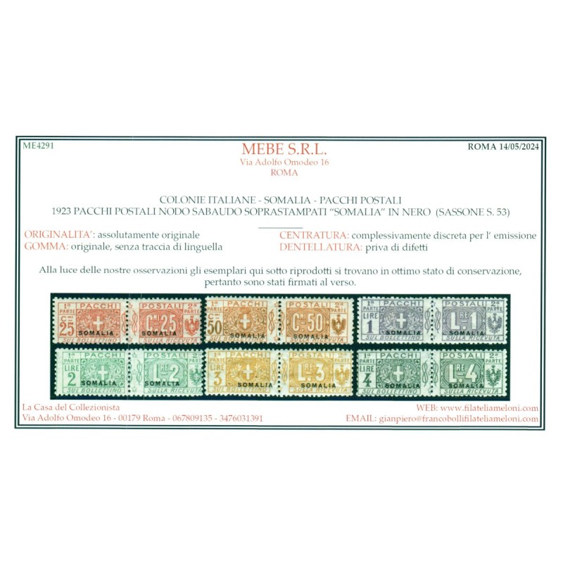 COLONIE 1923 SOMALIA PACCHI POSTALI SOPR. 6 VALORI S.53 G.I MNH** C...