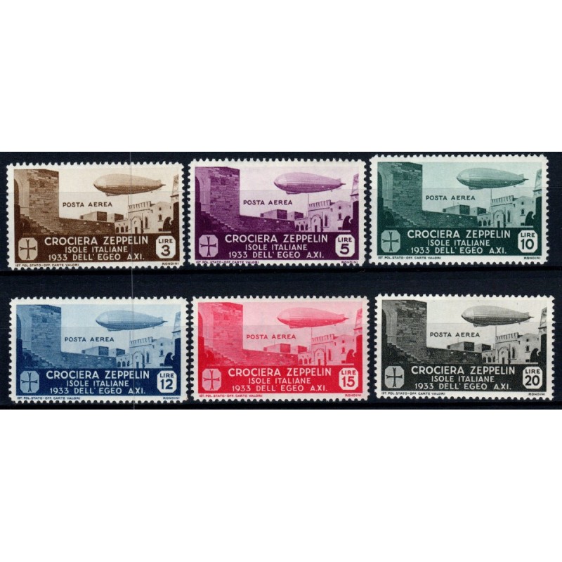 COLONIE 1933 EGEO POSTA AEREA CROCIERA ZEPPELIN 6 VALORI S.31 G.I M...