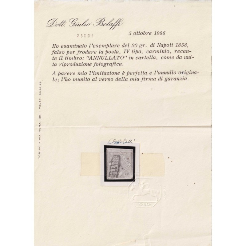 NAPOLI 1858 20 GRANA FALSO IV TIPO CARMINIO N.F11 US. CERT. BOLAFFI...