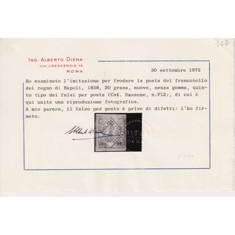 NAPOLI 1858 20 GRANA FALSO V TIPO CARMINIO N.F12 SENZA GOMMA CERT. ...