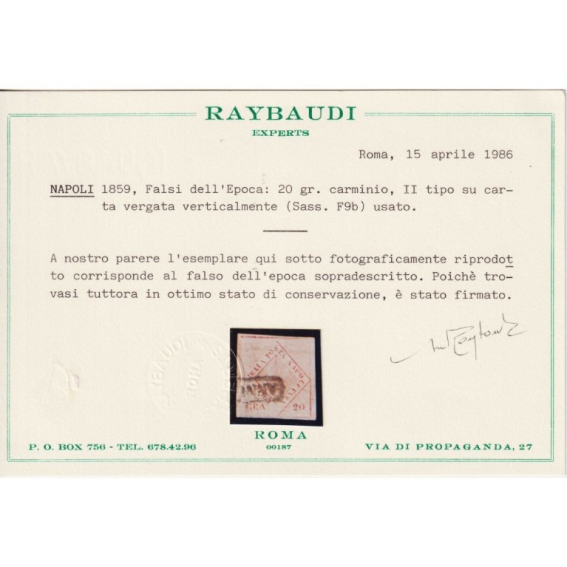 NAPOLI 1858 20 GRANA FALSO II TIPO CARMINIO SU CARTA VERGATA N.F9b ...
