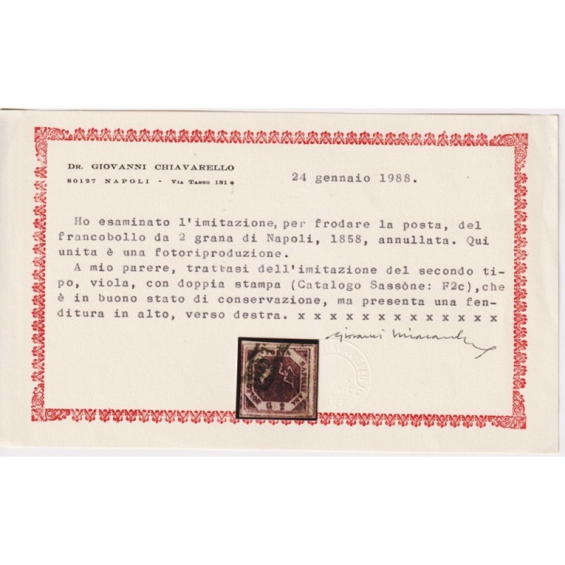 NAPOLI 1858 2 GRANA FALSO II TIPO VIOLETTO DOPPIA STAMPA N.F2c US. ...