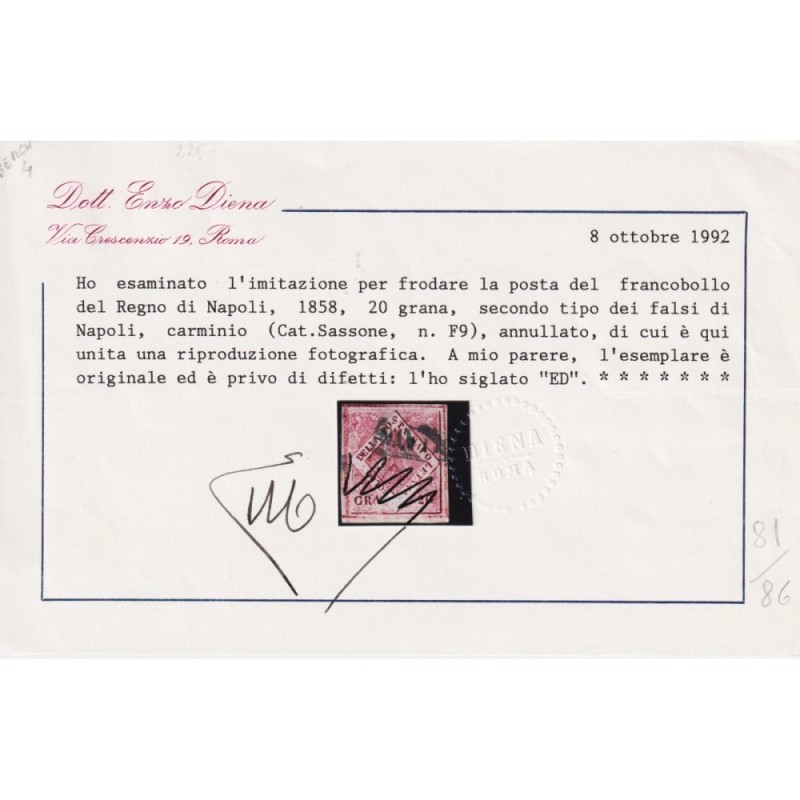 NAPOLI 20 GRANA FALSO II TIPO CARMINIO N.F9 US. CERT.  | Filatelia ...