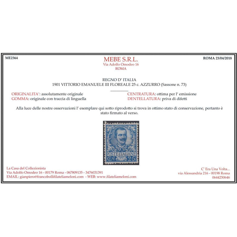 REGNO D'ITALIA 1901 FLOREALE 25 CENTESIMI G.O MH* CENTRATISSIMA CER...