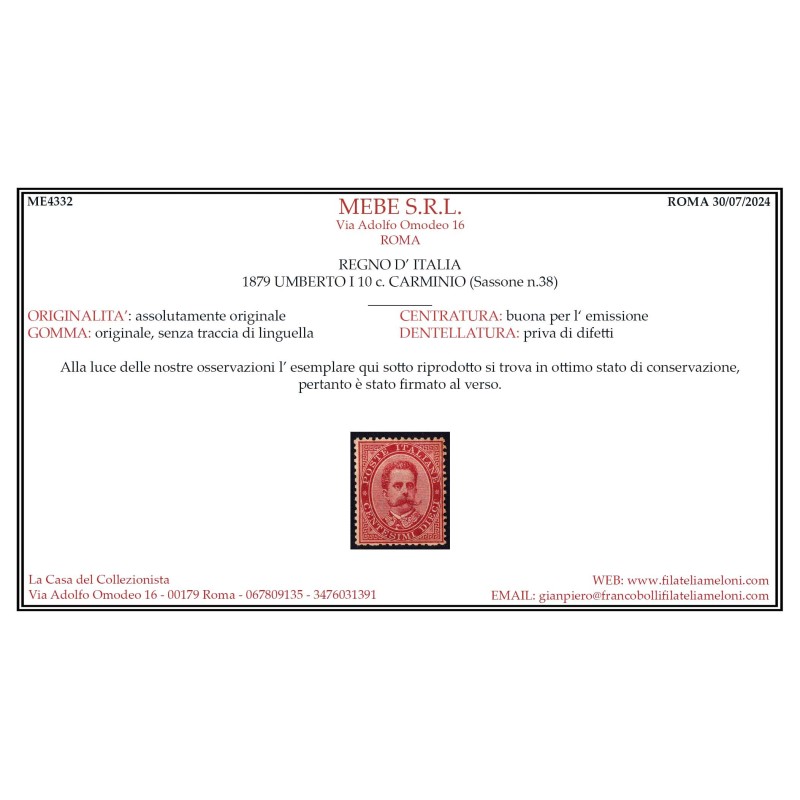 REGNO D'ITALIA 1879 UMBERTO 10 CENTESIMI N.38 G.I MNH** CENTRATO CE...
