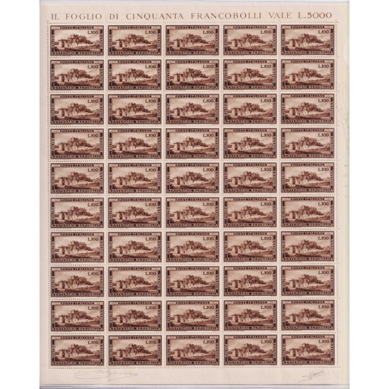 REPUBBLICA 1950 FOGLIO REPUBBLICA ROMANA 100 LIRE 50 V. G.I MNH** C...