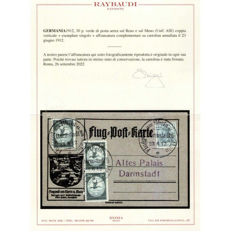 GERMANIA REICH 1912 P/A 30 p. 3 V. + COMPLEMENTARE SU CARTOLINA CER...