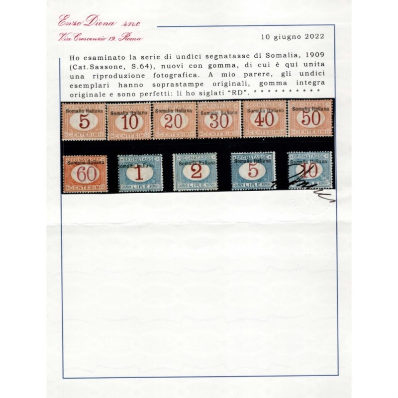 COLONIE SOMALIA 1909 SEGNATASSE 11 V. N.12-22 G.I MNH** CERT.  | Fi...