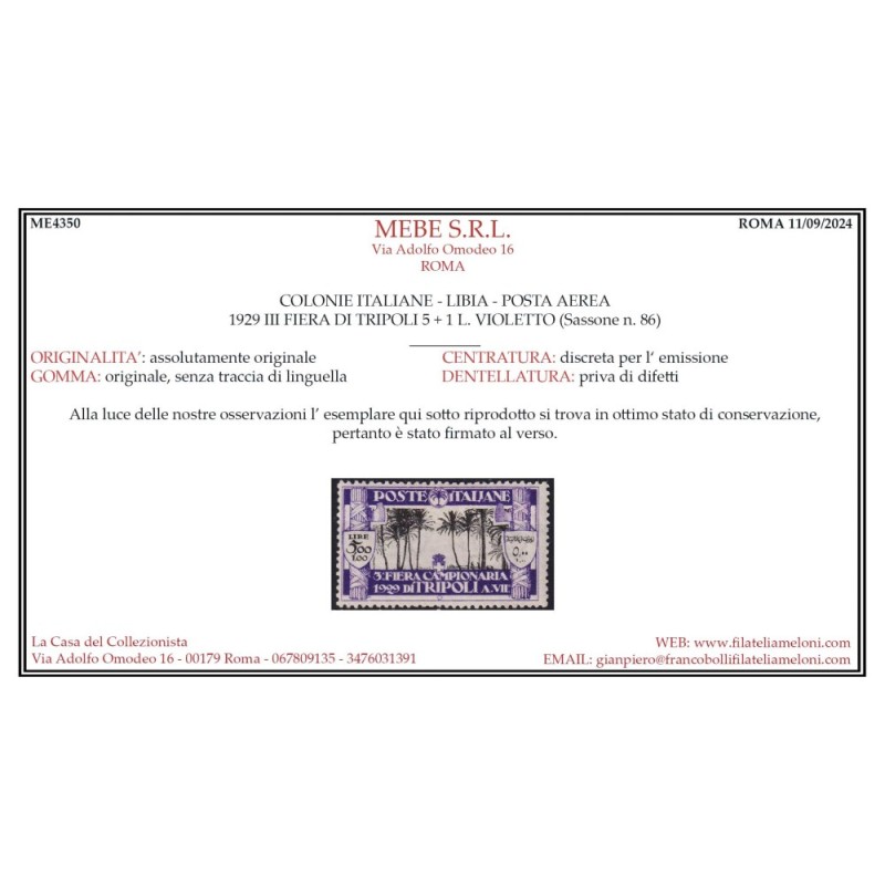COLONIE LIBIA I II III IV FIERA DI TRIPOLI 25 V. G.I MNH** CERT.  |...