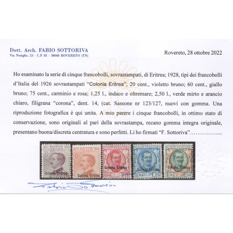 COLONIE ERITREA 1928-29 FRANCOBOLLI SOPR. 5 V. N.123-127 G.I MNH** ...