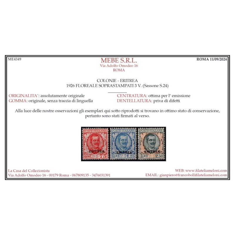 COLONIE ERITREA 1926 FLOREALE MODIFICATA 3 V. N.113-115 G.I MNH** C...