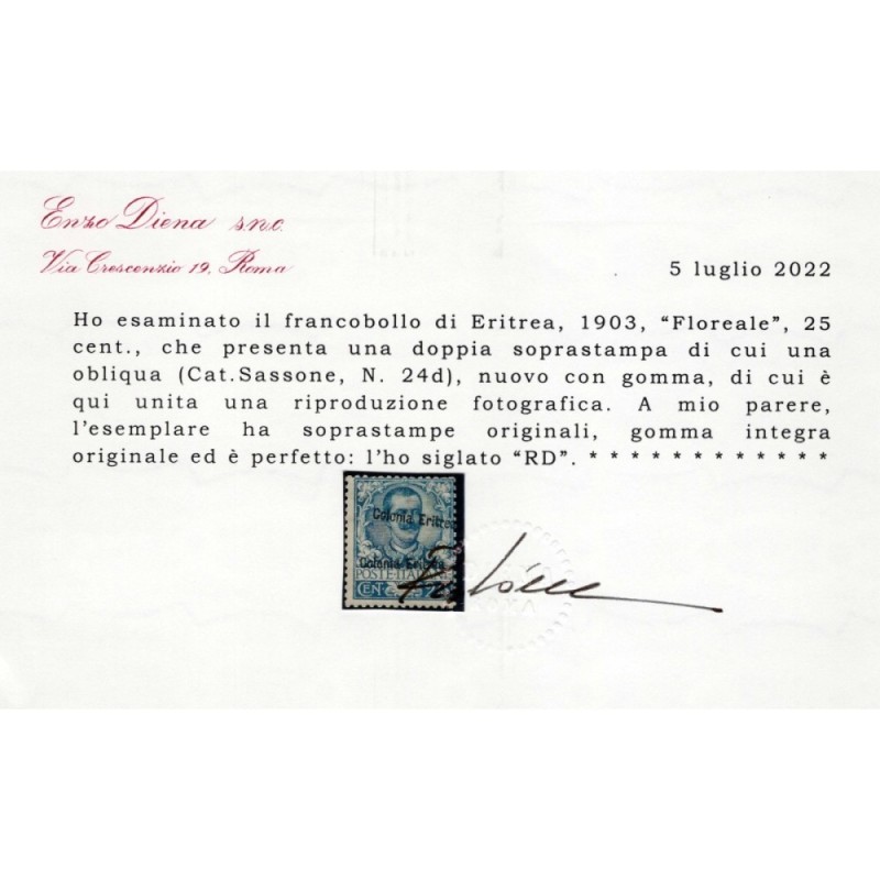 COLONIE ERITREA 1903 FLOREALE 25 CENT. VARIETA' 24d G.I MNH** CERT....