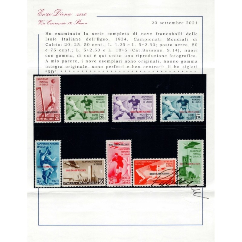 COLONIE EGEO 1934 CALCIO 9 VALORI G.I MNH** CERT.  | Filatelia Meloni