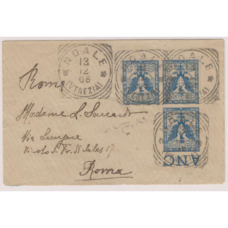 1901 REGNO PROVE 5 c. FLOREALE BLOCCO DI 3 n.P70 BUSTA VIAGGIATA CE...