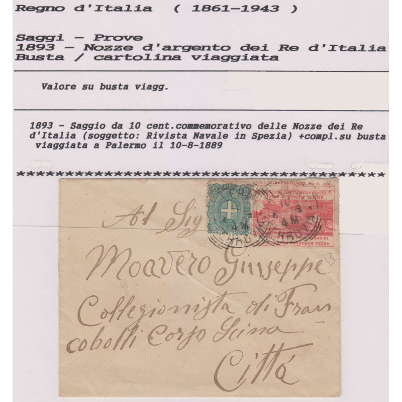 1889 REGNO SAGGIO DA 10 c. + 5 c. SU BUSTA VIAGGIATA CERT.  | Filat...