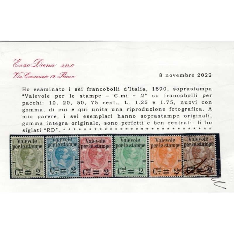 REGNO D'ITALIA 1890 VALEVOLE PER LE STAMPE 6 V. G.I MNH** CERT.  | ...