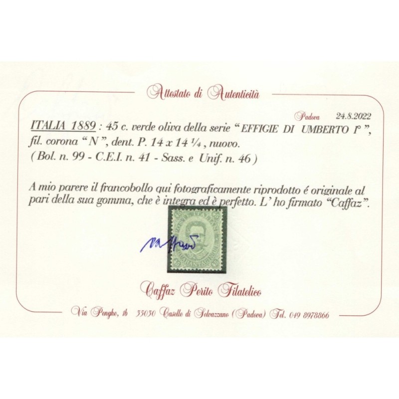 REGNO D'ITALIA 1889 UMBERTO I 45 CENTESIMI N.46 G.I MNH** CERT.  | ...