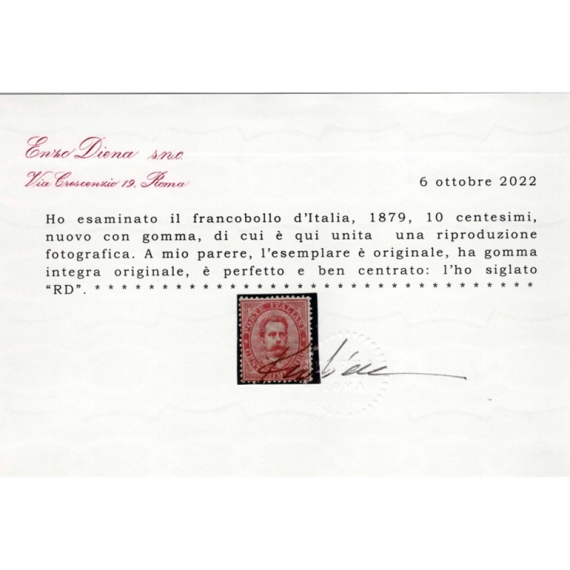 REGNO D'ITALIA 1879 UMBERTO I 10 CENTESIMI N.38 G.O MLH* CERT.  | F...