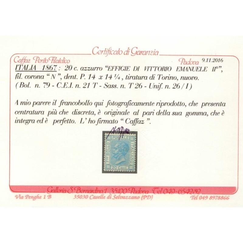 REGNO D'ITALIA 1867 20 CENTESIMI TORINO N.T26 G.I MNH** CERT.  | Fi...