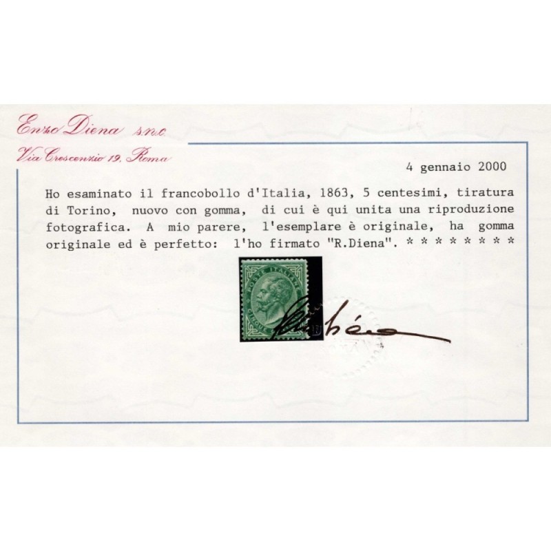 REGNO D'ITALIA 1863 5 CENTESIMI TORINO N.T16 G.O MLH* CERT.  | Fila...