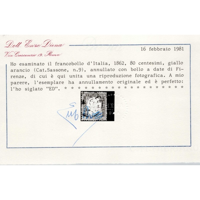 REGNO D'ITALIA 1862 80 CENTESIMI N.4 US. CERT.  | Filatelia Meloni