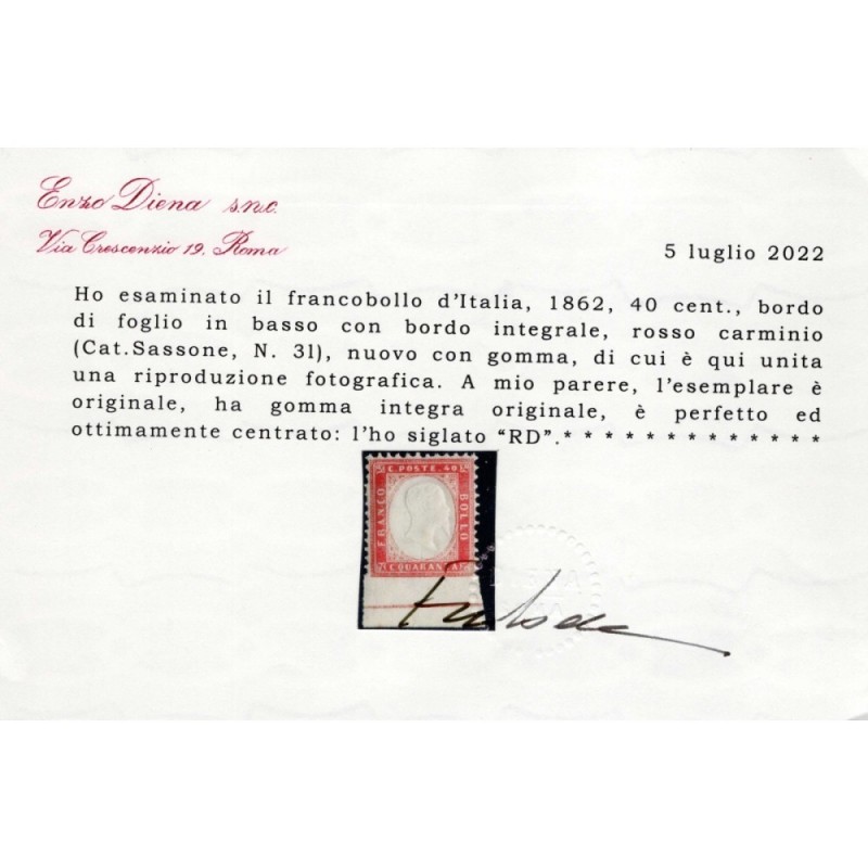REGNO D'ITALIA 1862 40 CENTESIMI N.3l VARIETA' BORDO FOGLIO G.I MNH...