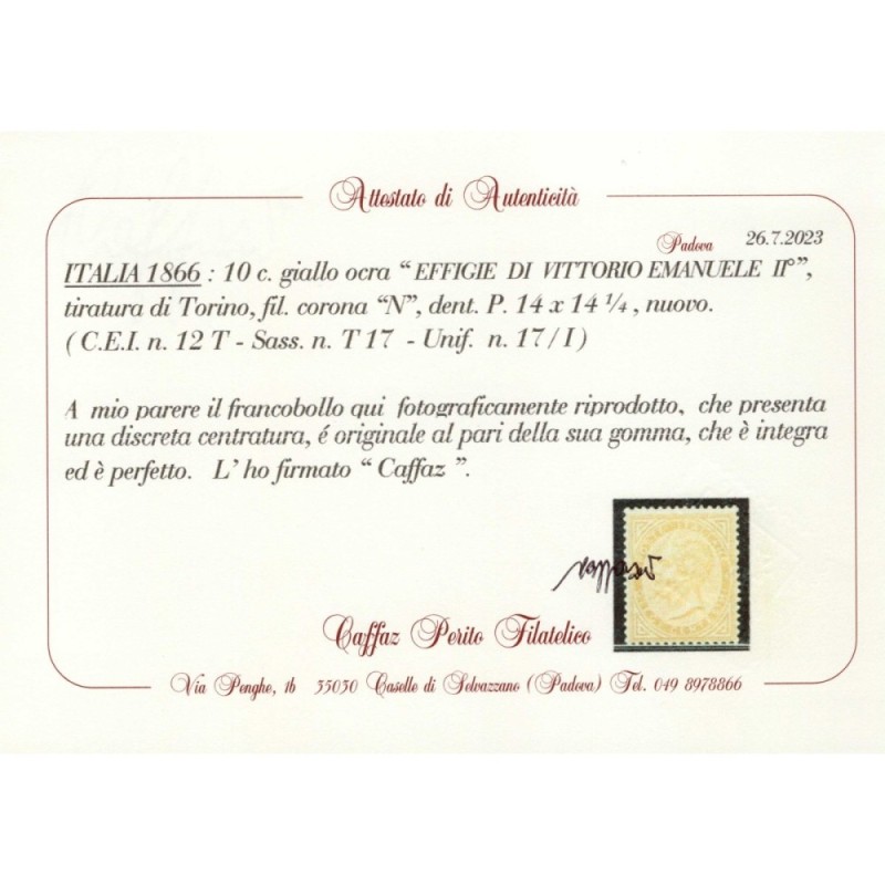 REGNO D'ITALIA 1863 10 CENTESIMI TORINO N.T17 G.I MNH** CERT.  | Fi...