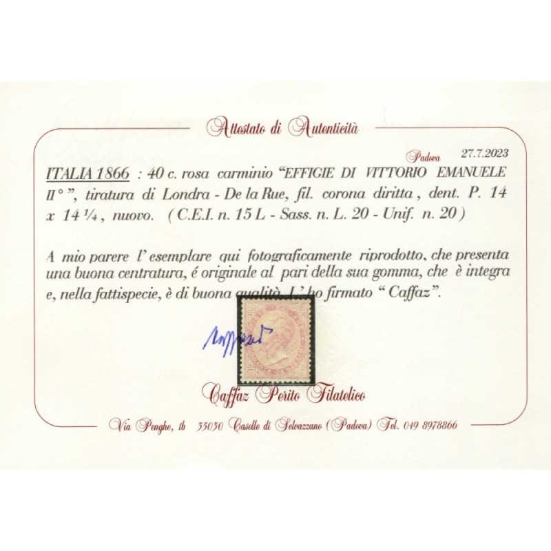 REGNO D'ITALIA 1863 40 CENTESIMI LONDRA DE LA RUE N.L20 G.I MNH** 2...