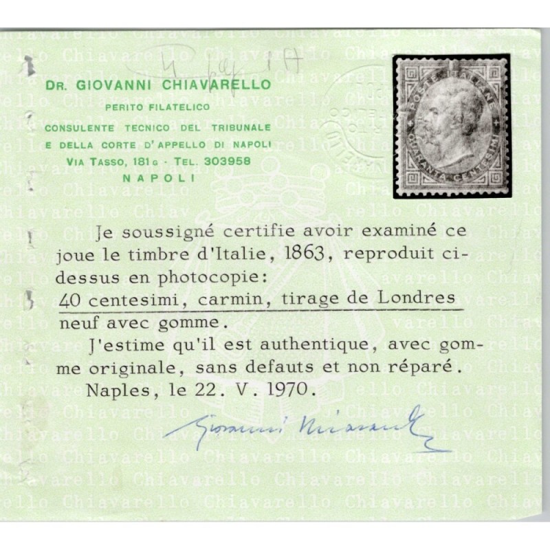 REGNO D'ITALIA 1863 40 CENTESIMI LONDRA DE LA RUE N.L20 G.I MNH** 2...