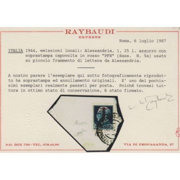 1944 ALESSANDRIA 1,25 L. SOPR. CAPOVOLTA PFR n. 5a CERT. SU FRAMMEN...