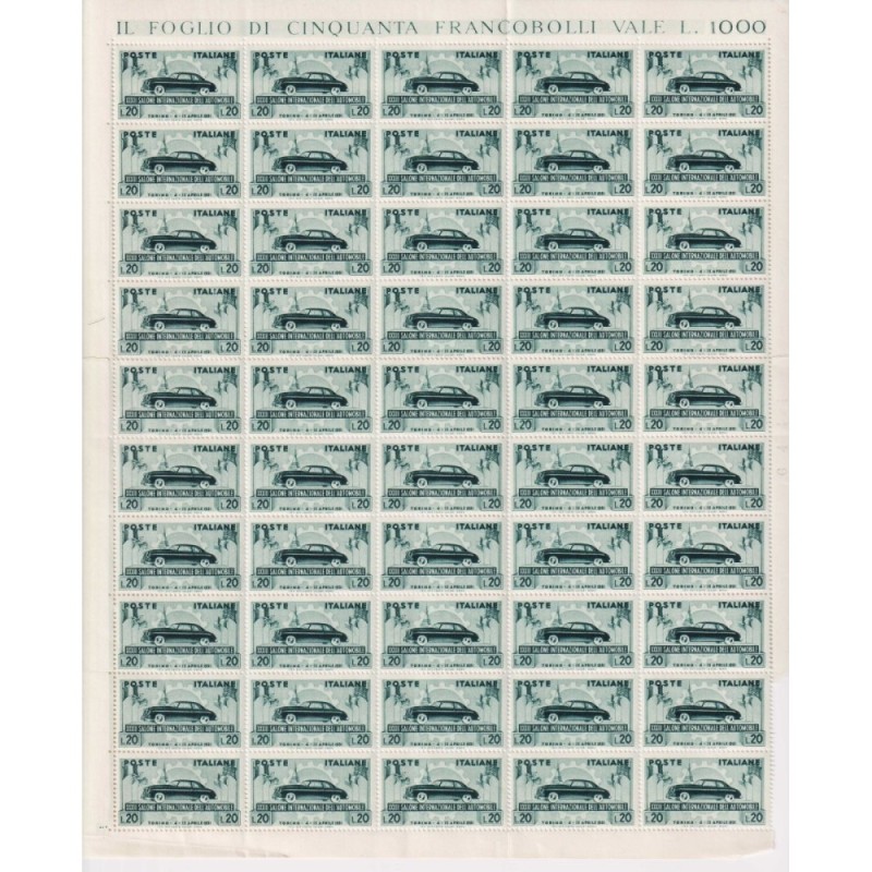 REPUBBLICA 1951 FOGLIO SALONE AUTOMOBILE TORINO 50 V. G.I MNH** COM...