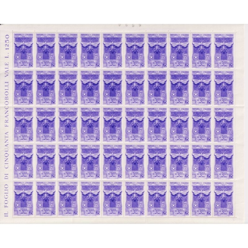 REPUBBLICA 1953 FOGLIO ORDINI AL MERITO DEL LAVORO 50 VALORI G.I MN...