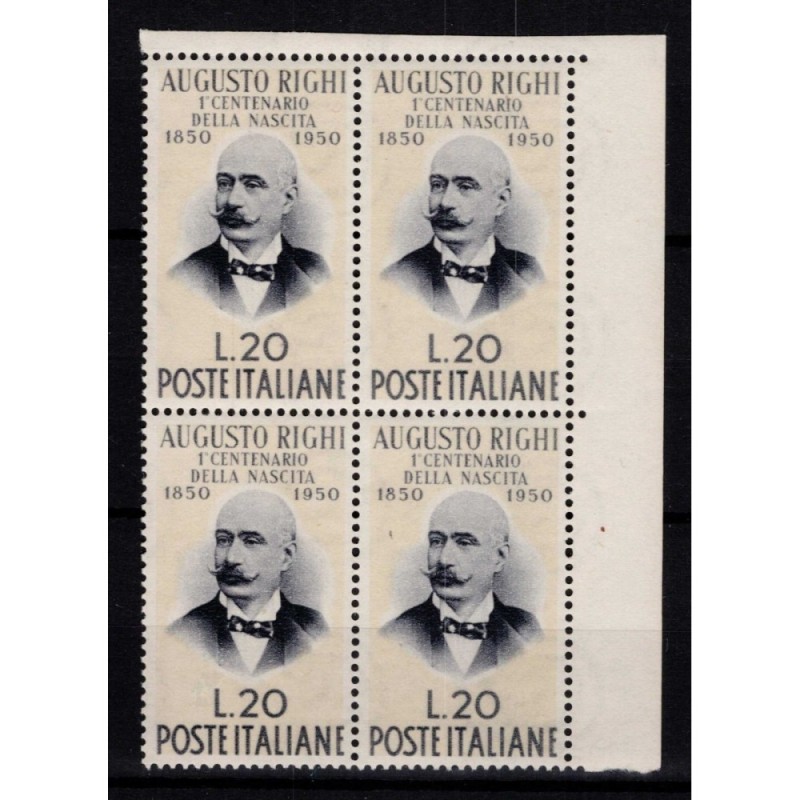 REPUBBLICA 1950 QUARTINA AUGUSTO RIGHI 8 V. G.I MNH** BORDO FOGLIO ...
