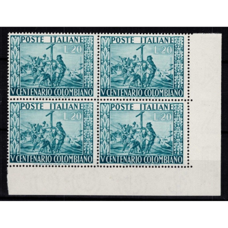 REPUBBLICA 1951 QUARTINA COLOMBO 4 V. G.I MNH** ANGOLO FOGLIO  | Fi...