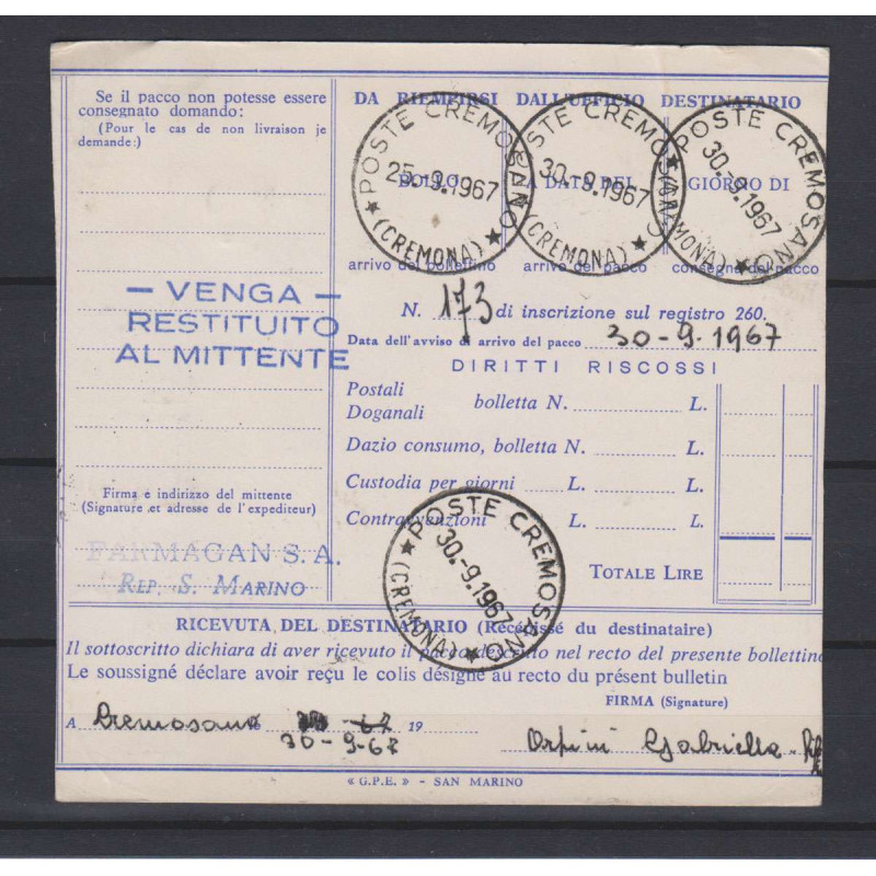 SAN MARINO 1948-50 PACCHI SEZIONE SINISTRA 2 V. 100 L. SU 50 L. SU ...