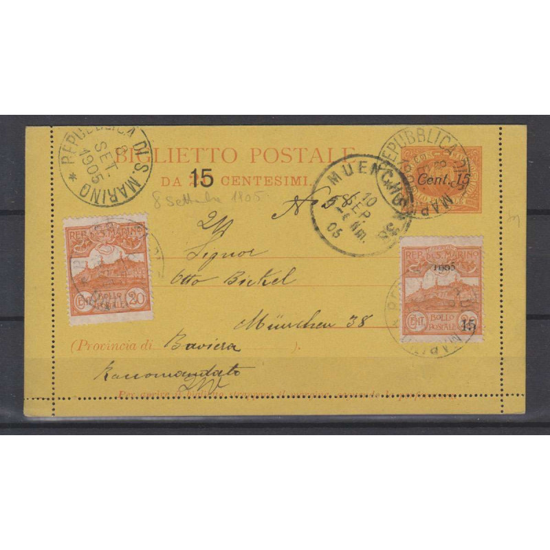 SAN MARINO INTERO POSTALE CON GEMELLI 1903 VEDUTA 2 VALORI SU BIGLI...