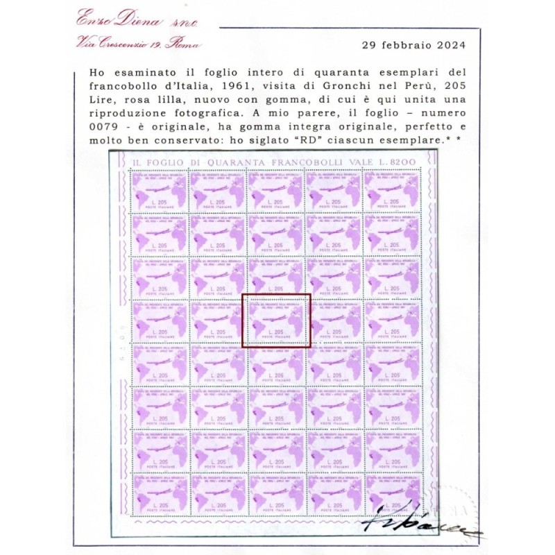 REPUBBLICA 1961 GRONCHI ROSA 205 LIRE G.I. MNH** CERT.  | Filatelia...