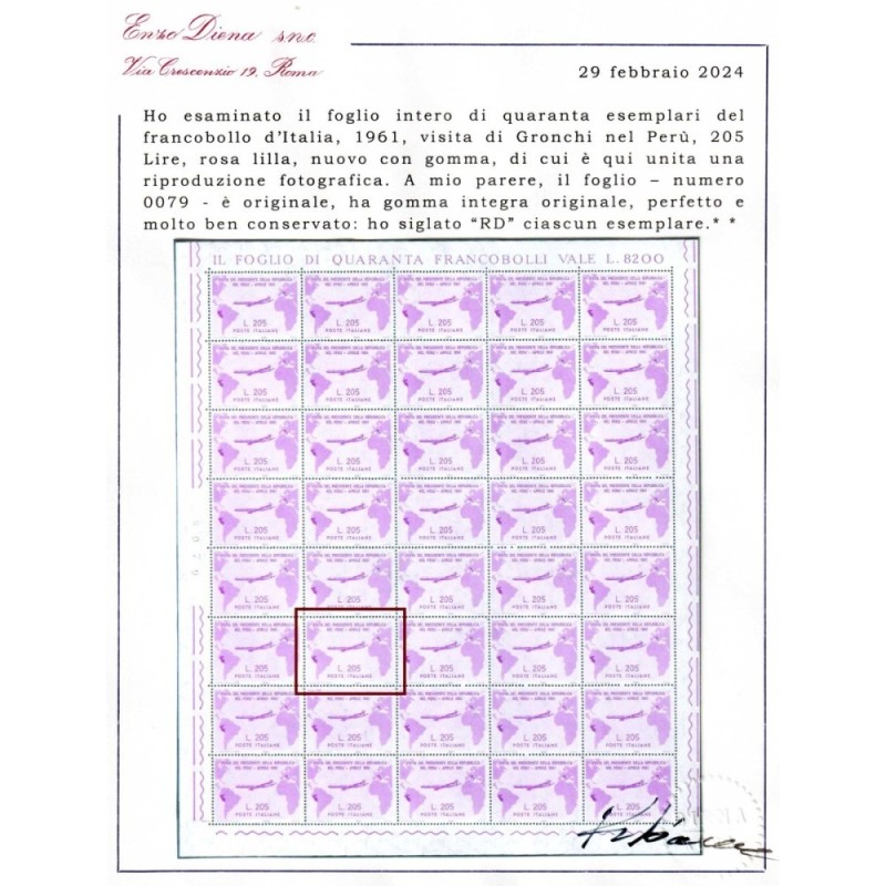 REPUBBLICA 1961 GRONCHI ROSA 205 LIRE G.I. MNH** CERT.  | Filatelia...