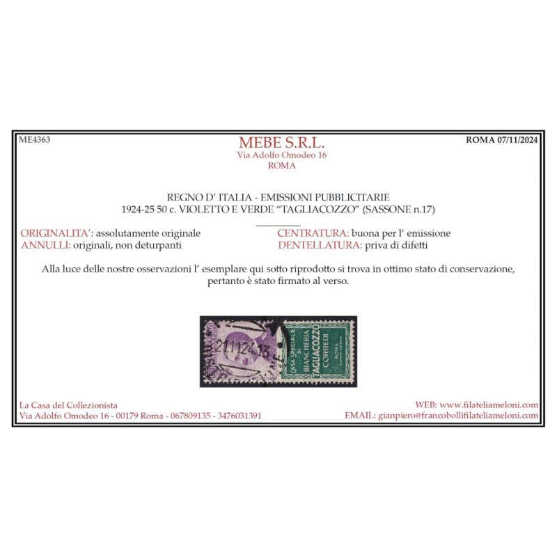 REGNO D'ITALIA 1924-25 PUBBLICITARI 50 CENTESIMI TAGLIACOZZO N.17 U...