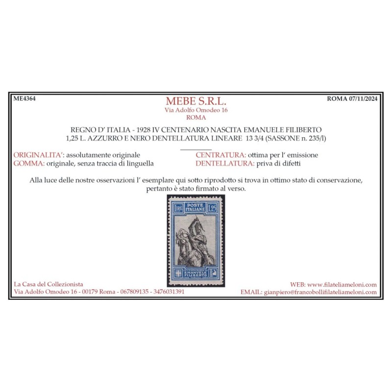 REGNO D'ITALIA 1928 FILIBERTO 1,25 LIRE DENT. 13 ¾ LINEARE G.I MNH*...