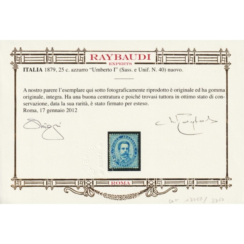 REGNO D'ITALIA 1879 UMBERTO I 25 CENTESIMI N.40 G.I MNH** CERT.  | ...