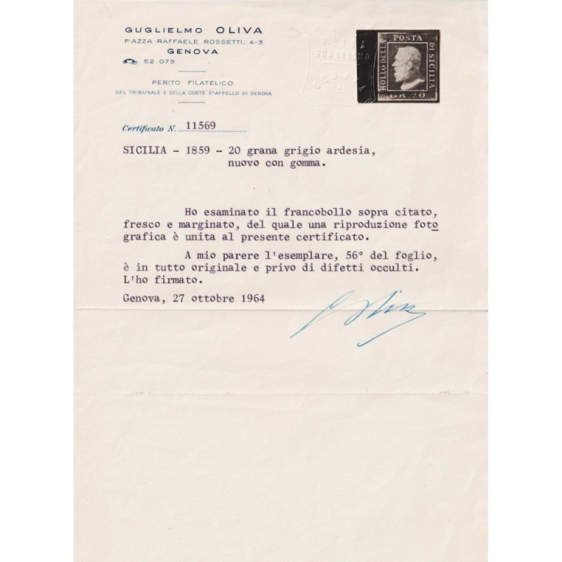 SICILIA 1859 20 GRANA GRIGIO ARDESIA N.13 G.O MLH* CERT.  | Filatel...