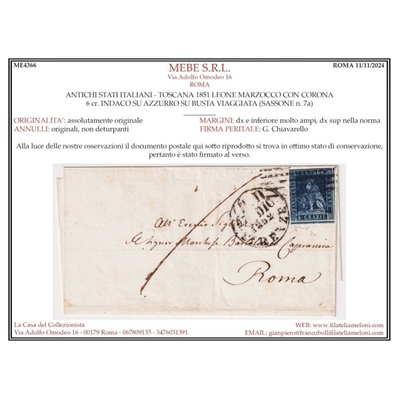 TOSCANA 1851 6 CRAZIE INDACO SU AZZURRO N.7a SU BUSTA FIRMATA CERT....