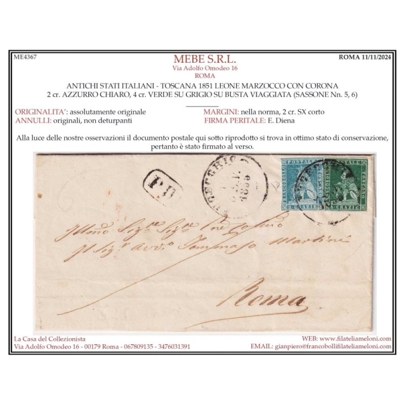 TOSCANA 1851 MISTA 2 CRAZIE E 4 CRAZIE N.5-6 SU BUSTA FIRMATA CERT....